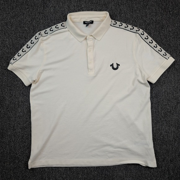 True Religion Y2K Damask Polo Shirt L Off White Horseshoe Tape Streetwear Mens — photo 2
